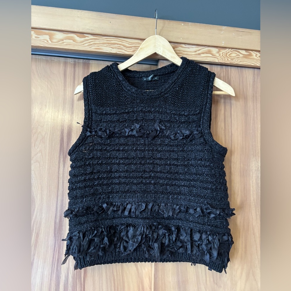 Black Fringe Vest, Black Sleeveless Knit Top, black knit vest